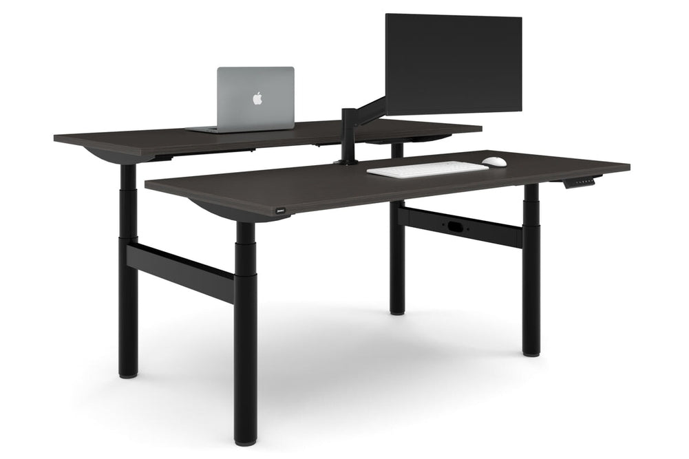 Flexi Premium Height Adjustable 2 Person H-Bench Workstation - Black Frame [1800L x 700W]-dark oak none none