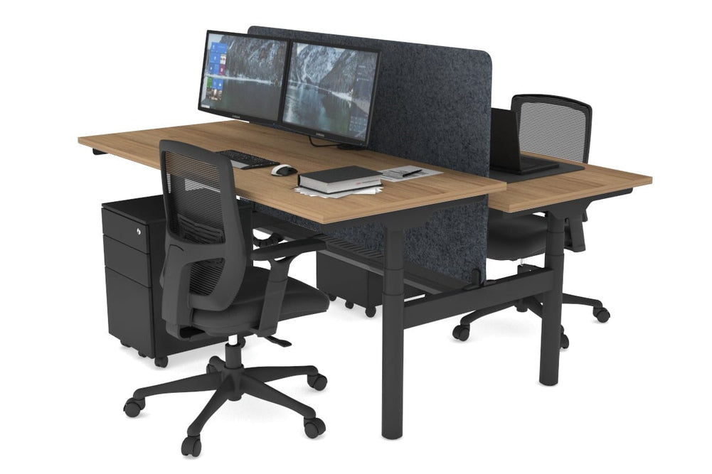 Flexi Premium Height Adjustable 2 Person H-Bench Workstation - Black Frame [1800L x 700W]-salvage oak dark grey acoustic panel (820H x 1600W) black cable tray