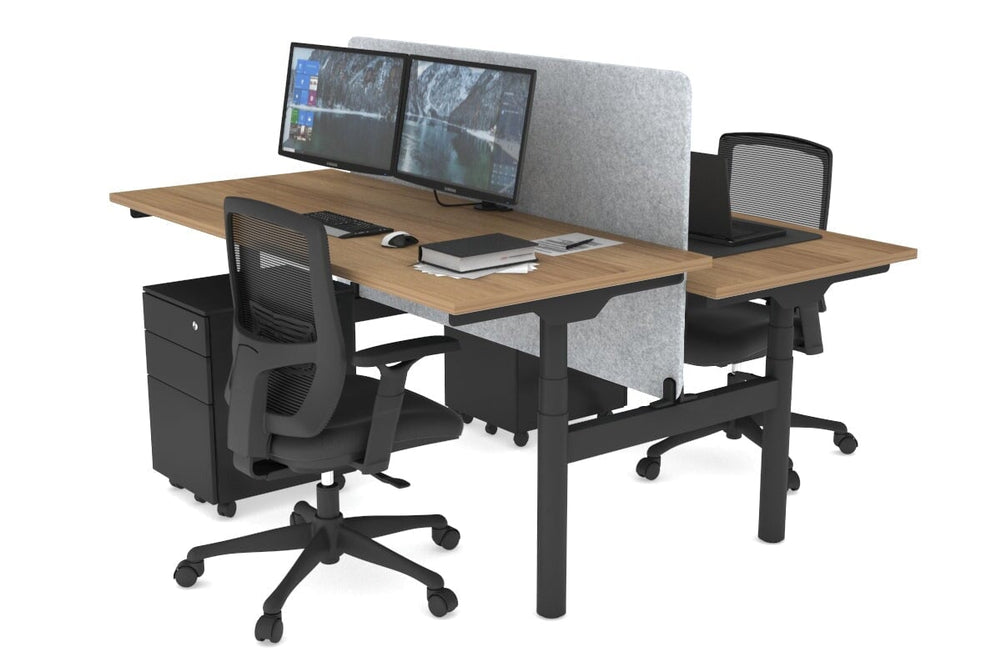 Flexi Premium Height Adjustable 2 Person H-Bench Workstation - Black Frame [1800L x 700W]-salvage oak light grey acoustic panel (820H x 1600W) none
