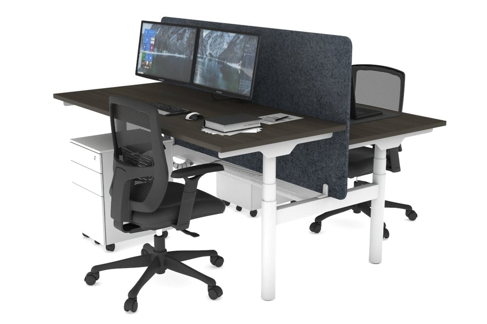 Flexi Premium Height Adjustable 2 Person H-Bench Workstation - White Frame [1200L x 700W]-dark oak dark grey acoustic panel (820H x 1200W) white cable tray