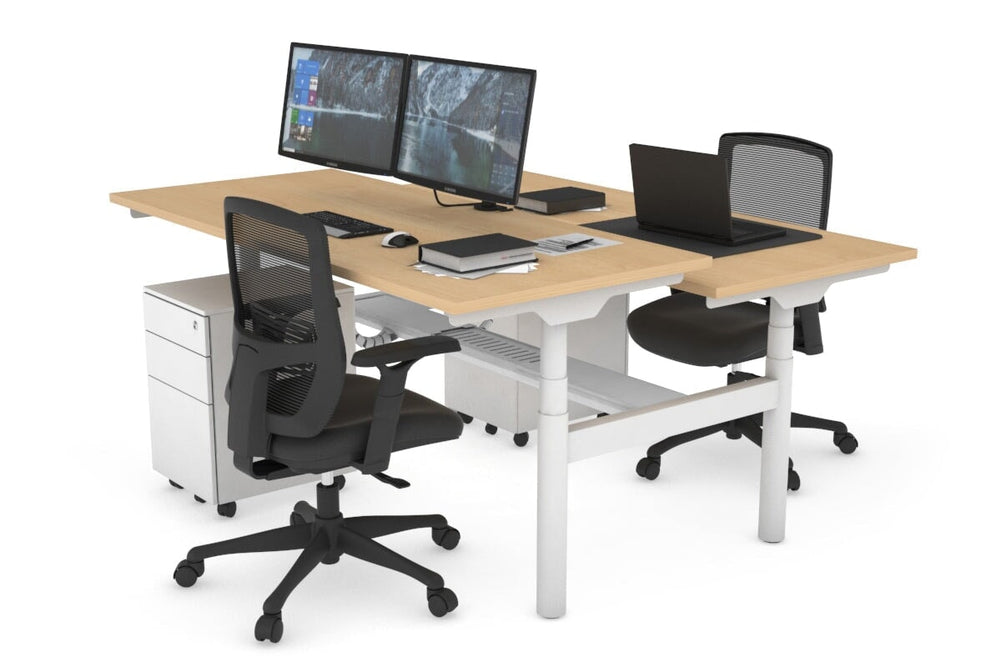 Flexi Premium Height Adjustable 2 Person H-Bench Workstation - White Frame [1200L x 700W]-maple none white cable tray