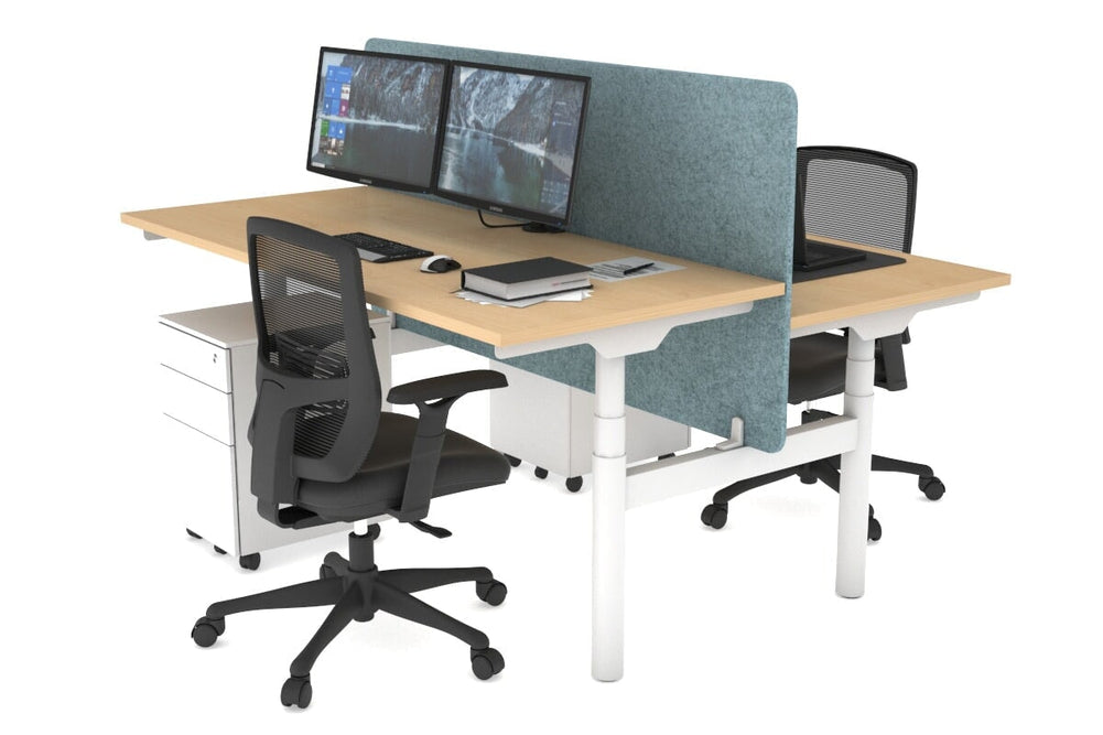 Flexi Premium Height Adjustable 2 Person H-Bench Workstation - White Frame [1200L x 700W]-maple blue acoustic panel (820H x 1200W) none