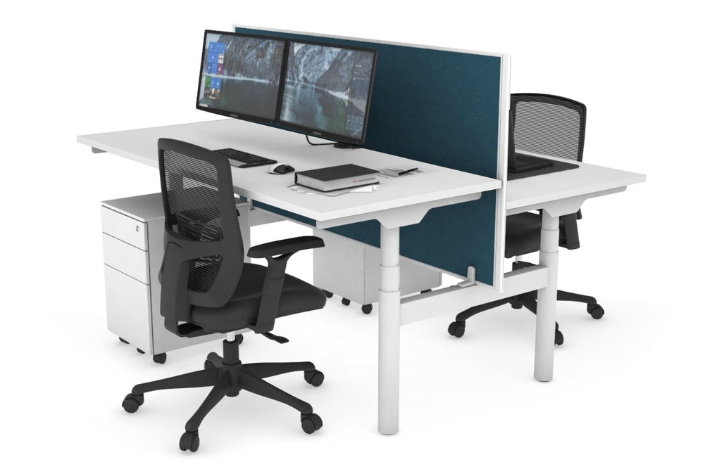 Flexi Premium Height Adjustable 2 Person H-Bench Workstation - White Frame [1200L x 700W]-white deep blue (820H x 1200W) none