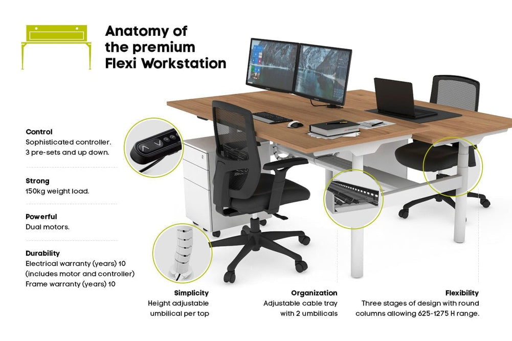 Flexi Premium Height Adjustable 2 Person H-Bench Workstation - White Frame [1200L x 700W]-dark oak moody charchoal (820H x 1200W) white cable tray