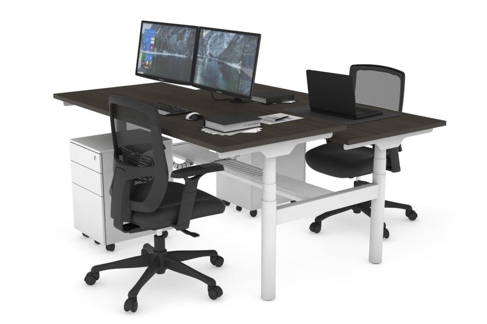 Flexi Premium Height Adjustable 2 Person H-Bench Workstation - White Frame [1200L x 700W]-dark oak none white cable tray