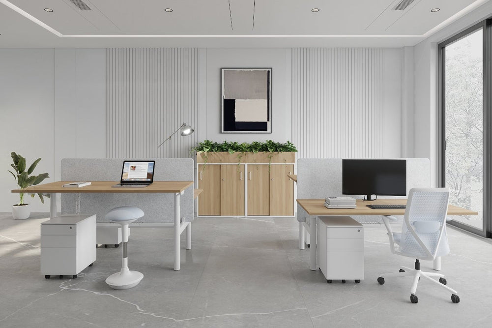 Flexi Premium Height Adjustable 2 Person H-Bench Workstation - White Frame [1200L x 700W]-dark oak moody charchoal (820H x 1200W) white cable tray