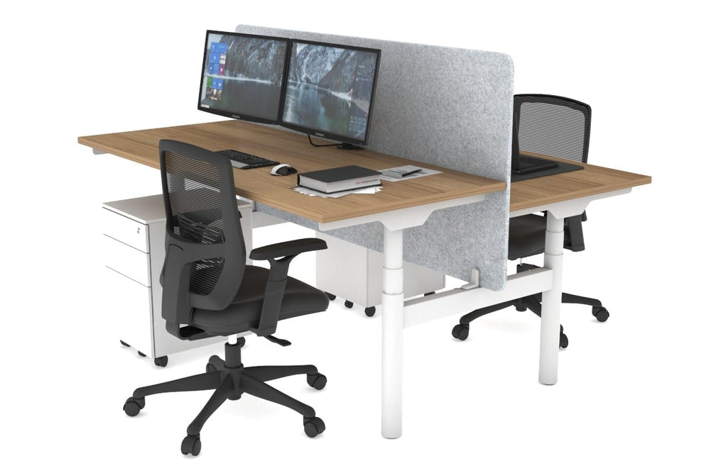 Flexi Premium Height Adjustable 2 Person H-Bench Workstation - White Frame [1200L x 700W]-salvage oak light grey acoustic panel (820H x 1200W) none