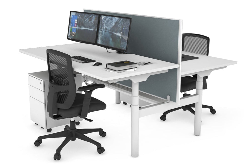 Flexi Premium Height Adjustable 2 Person H-Bench Workstation - White Frame [1200L x 800W with Cable Scallop]-white cool grey (820H x 1200W) white cable tray