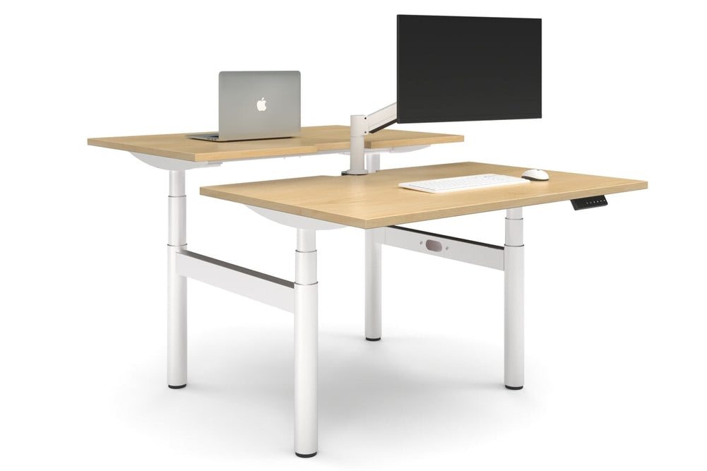 Flexi Premium Height Adjustable 2 Person H-Bench Workstation - White Frame [1200L x 800W with Cable Scallop]-maple none none