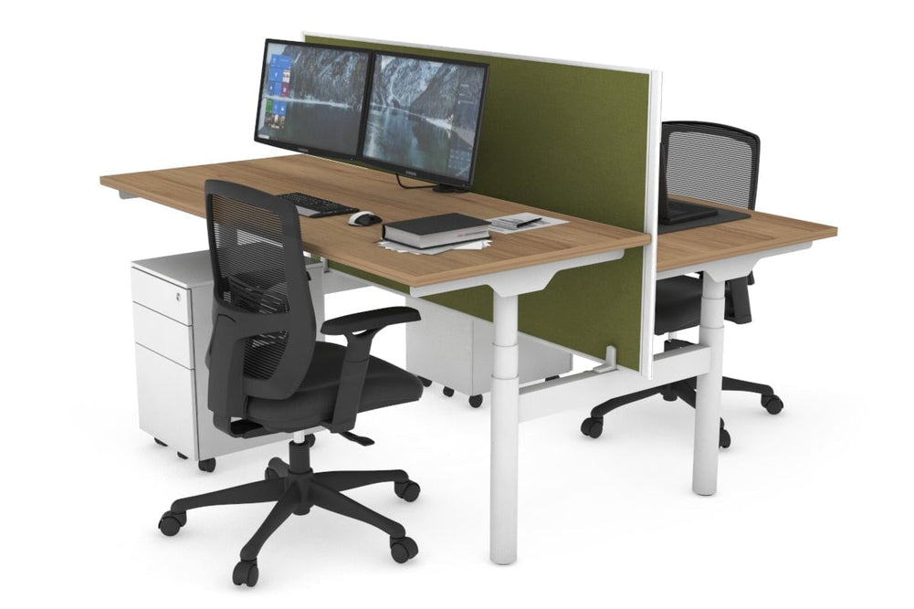 Flexi Premium Height Adjustable 2 Person H-Bench Workstation - White Frame [1400L x 700W]-salvage oak green moss (820H x 1400W) none