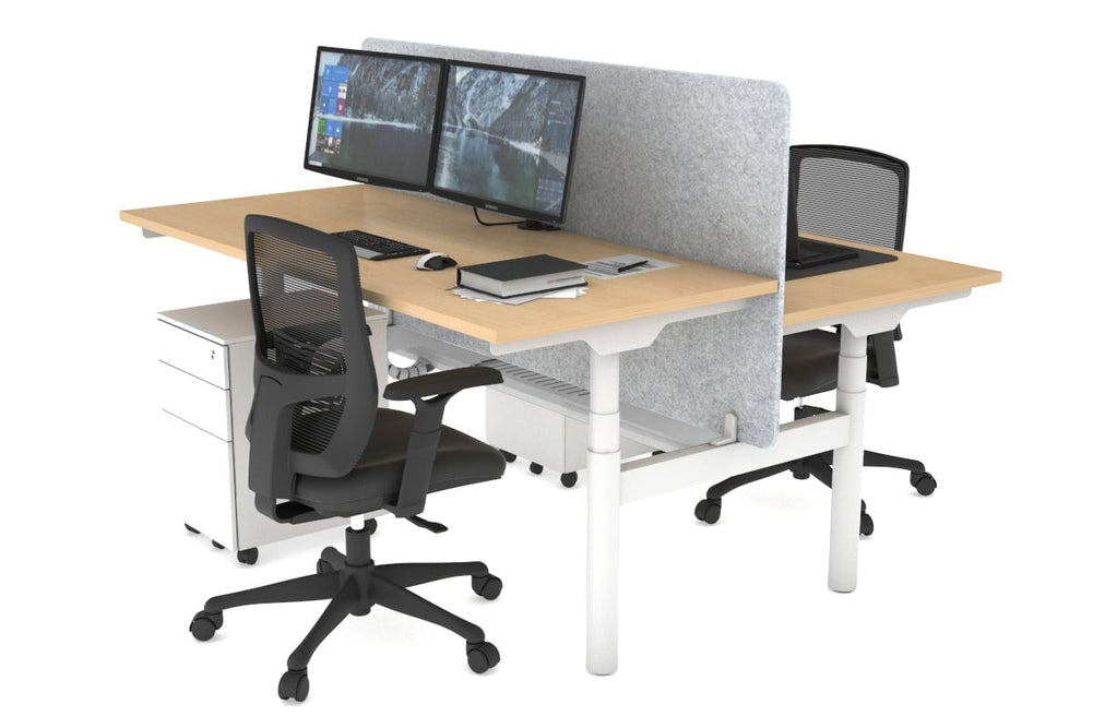 Flexi Premium Height Adjustable 2 Person H-Bench Workstation - White Frame [1400L x 700W]-maple light grey acoustic panel (820H x 1400W) white cable tray
