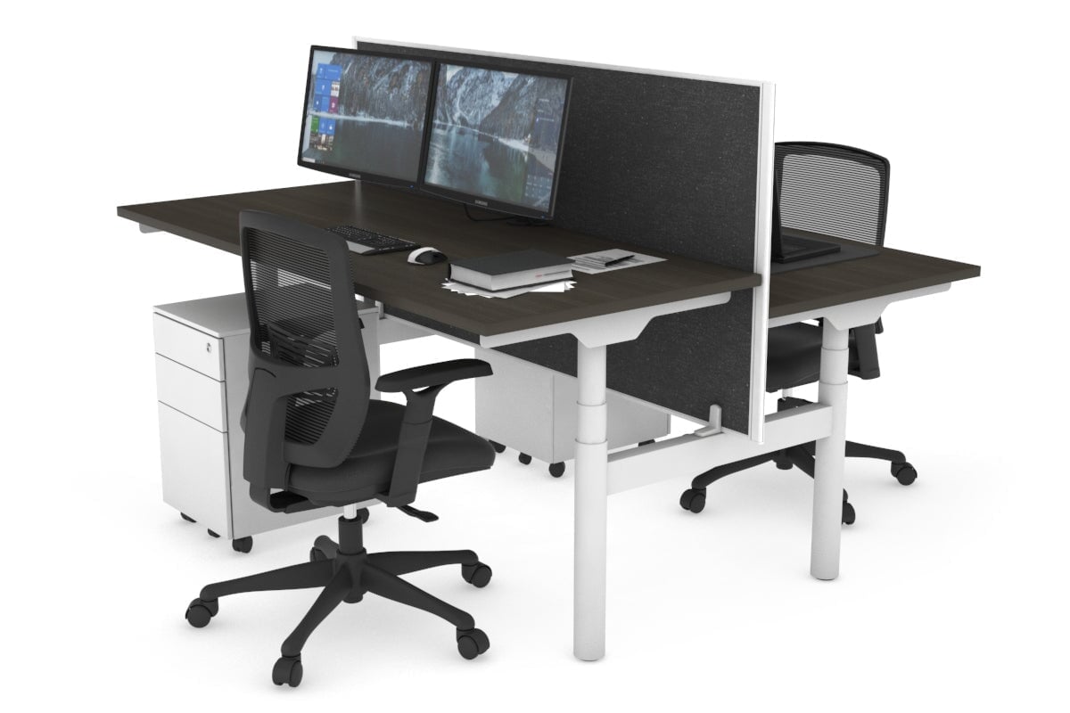 Flexi Premium Height Adjustable 2 Person H-Bench Workstation - White Frame [1400L x 700W]-dark oak moody charchoal (820H x 1400W) none