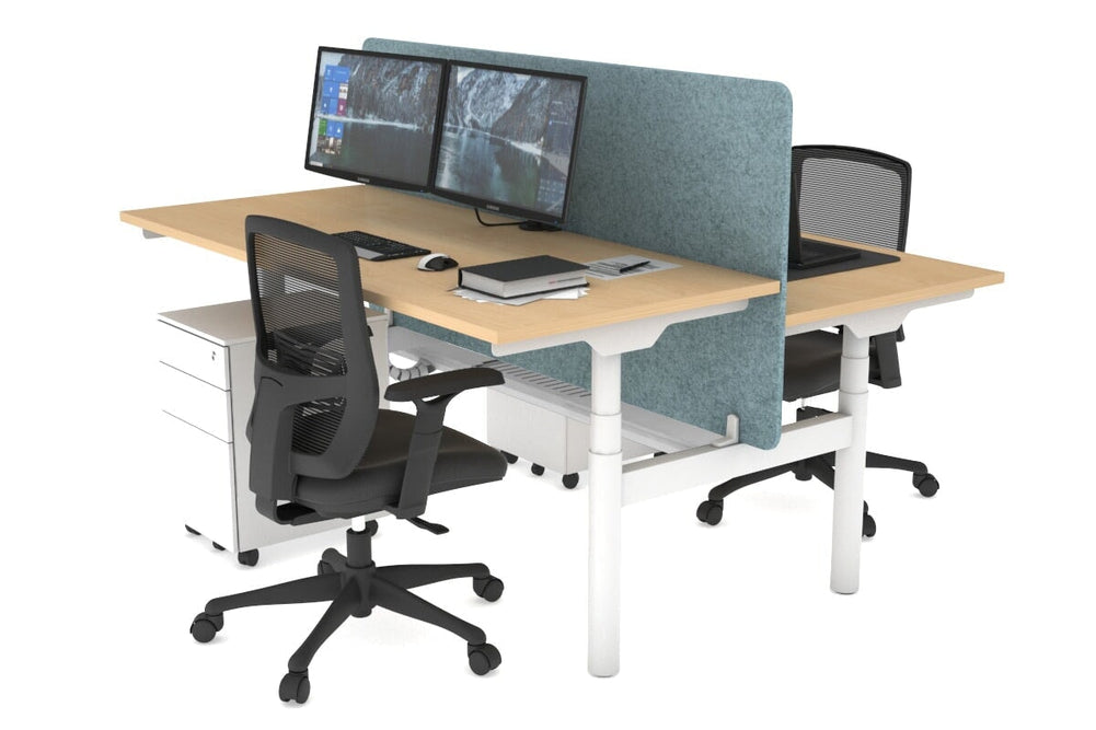 Flexi Premium Height Adjustable 2 Person H-Bench Workstation - White Frame [1400L x 700W]-maple blue acoustic panel (820H x 1400W) white cable tray
