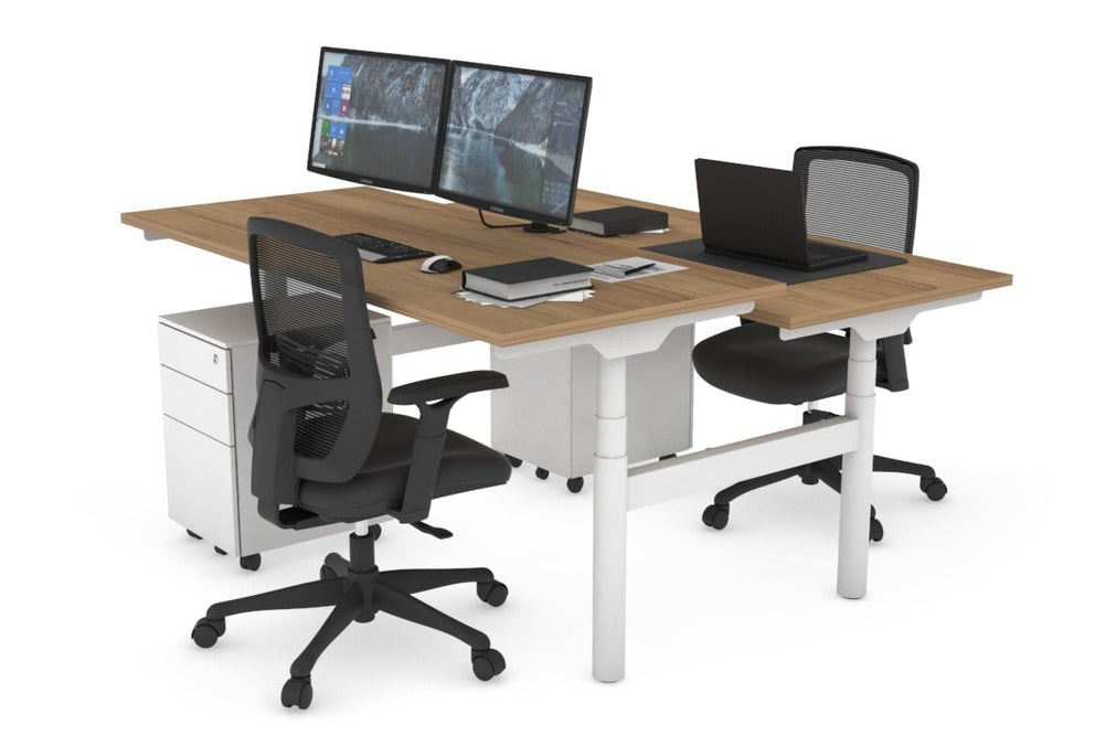 Flexi Premium Height Adjustable 2 Person H-Bench Workstation - White Frame [1400L x 700W]-salvage oak none none
