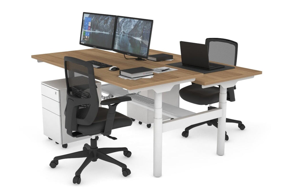 Flexi Premium Height Adjustable 2 Person H-Bench Workstation - White Frame [1400L x 700W]-salvage oak none white cable tray