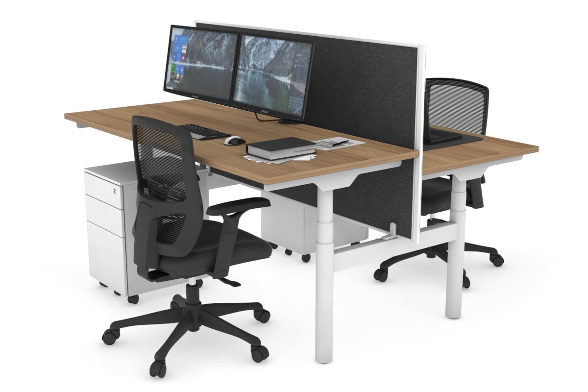 Flexi Premium Height Adjustable 2 Person H-Bench Workstation - White Frame [1400L x 700W]-salvage oak moody charchoal (820H x 1400W) none