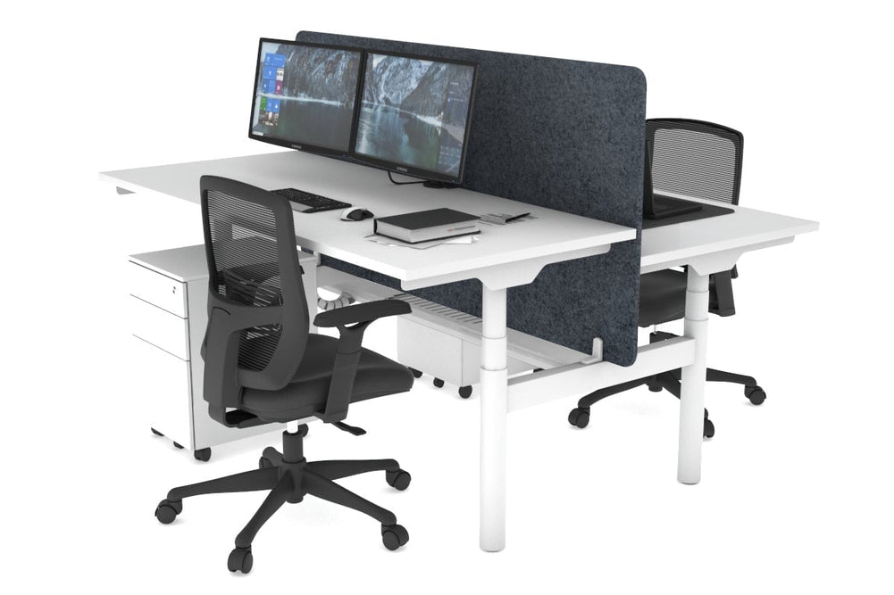 Flexi Premium Height Adjustable 2 Person H-Bench Workstation - White Frame [1400L x 700W]-white dark grey acoustic panel (820H x 1400W) white cable tray