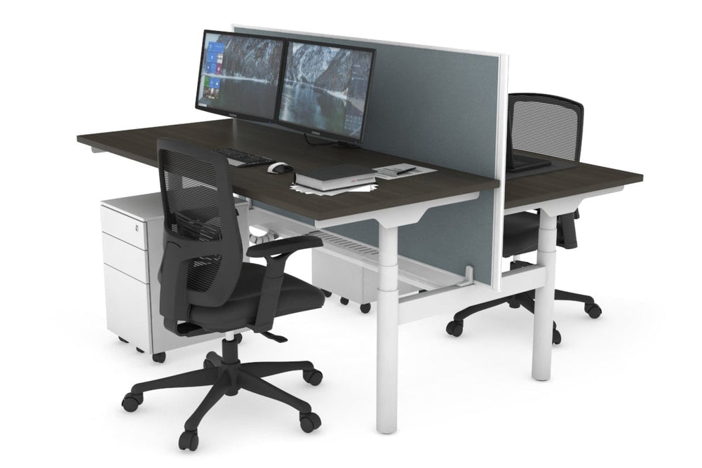 Flexi Premium Height Adjustable 2 Person H-Bench Workstation - White Frame [1400L x 700W]-dark oak cool grey (820H x 1400W) white cable tray
