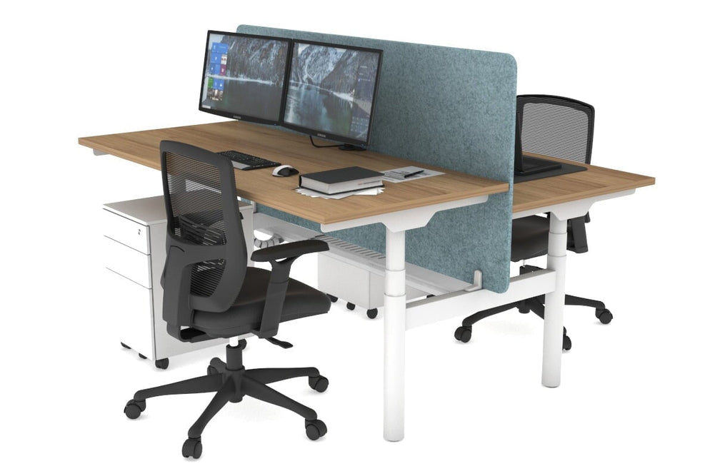 Flexi Premium Height Adjustable 2 Person H-Bench Workstation - White Frame [1400L x 700W]-salvage oak blue acoustic panel (820H x 1400W) white cable tray
