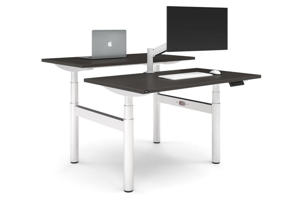 Flexi Premium Height Adjustable 2 Person H-Bench Workstation - White Frame [1400L x 700W]-dark oak none none