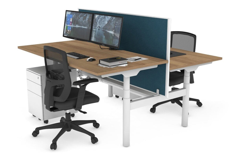Flexi Premium Height Adjustable 2 Person H-Bench Workstation - White Frame [1400L x 800W with Cable Scallop]-salvage oak deep blue (820H x 1400W) white cable tray