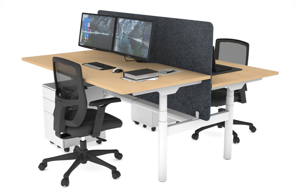 Flexi Premium Height Adjustable 2 Person H-Bench Workstation - White Frame [1400L x 800W with Cable Scallop]-maple dark grey acoustic panel (820H x 1400W) white cable tray