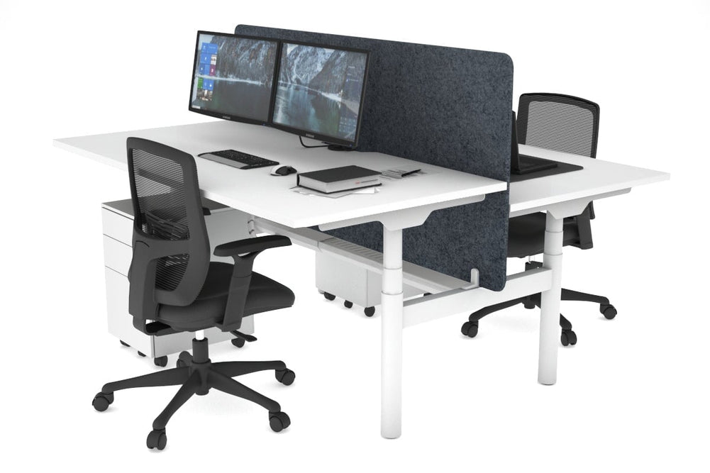 Flexi Premium Height Adjustable 2 Person H-Bench Workstation - White Frame [1400L x 800W with Cable Scallop]-white dark grey acoustic panel (820H x 1400W) white cable tray