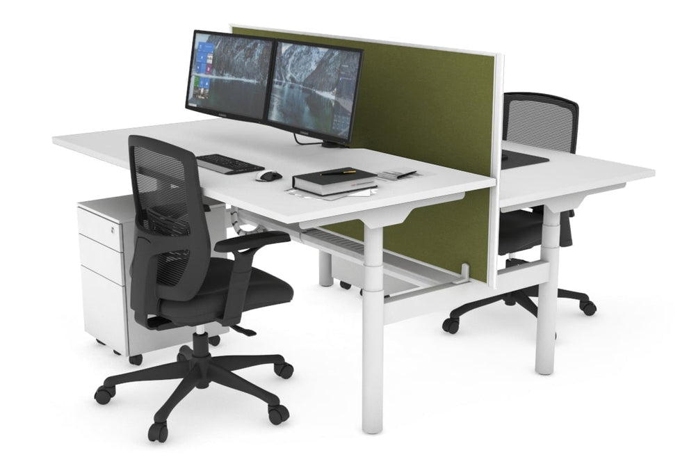 Flexi Premium Height Adjustable 2 Person H-Bench Workstation - White Frame [1400L x 800W with Cable Scallop]-white green moss (820H x 1400W) white cable tray