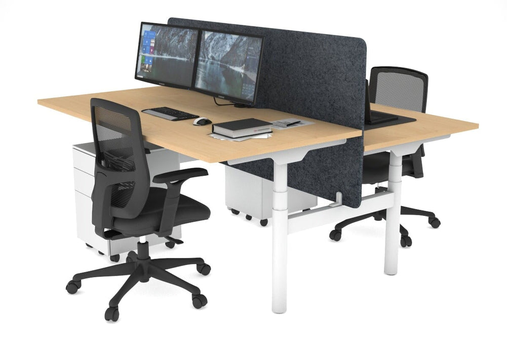 Flexi Premium Height Adjustable 2 Person H-Bench Workstation - White Frame [1400L x 800W with Cable Scallop]-maple dark grey acoustic panel (820H x 1400W) none