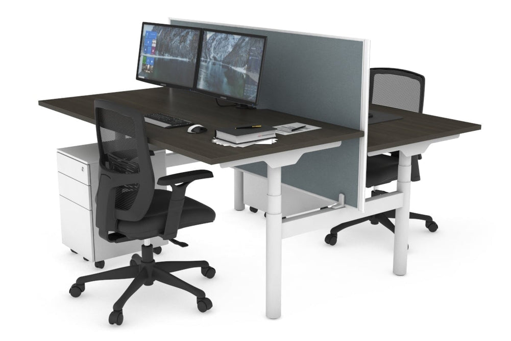 Flexi Premium Height Adjustable 2 Person H-Bench Workstation - White Frame [1400L x 800W with Cable Scallop]-dark oak cool grey (820H x 1400W) none