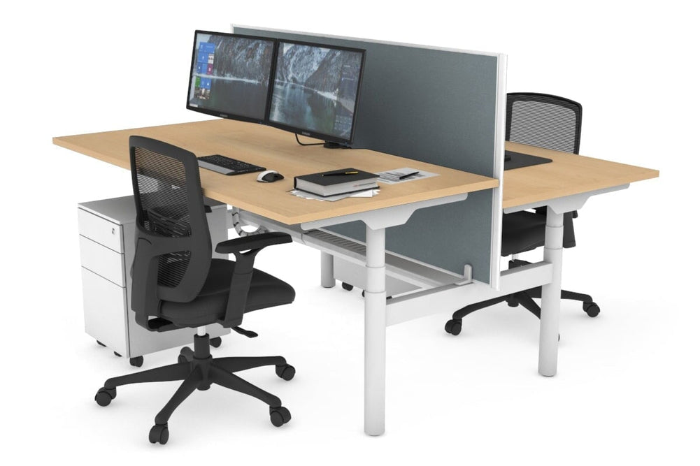 Flexi Premium Height Adjustable 2 Person H-Bench Workstation - White Frame [1400L x 800W with Cable Scallop]-maple cool grey (820H x 1400W) white cable tray
