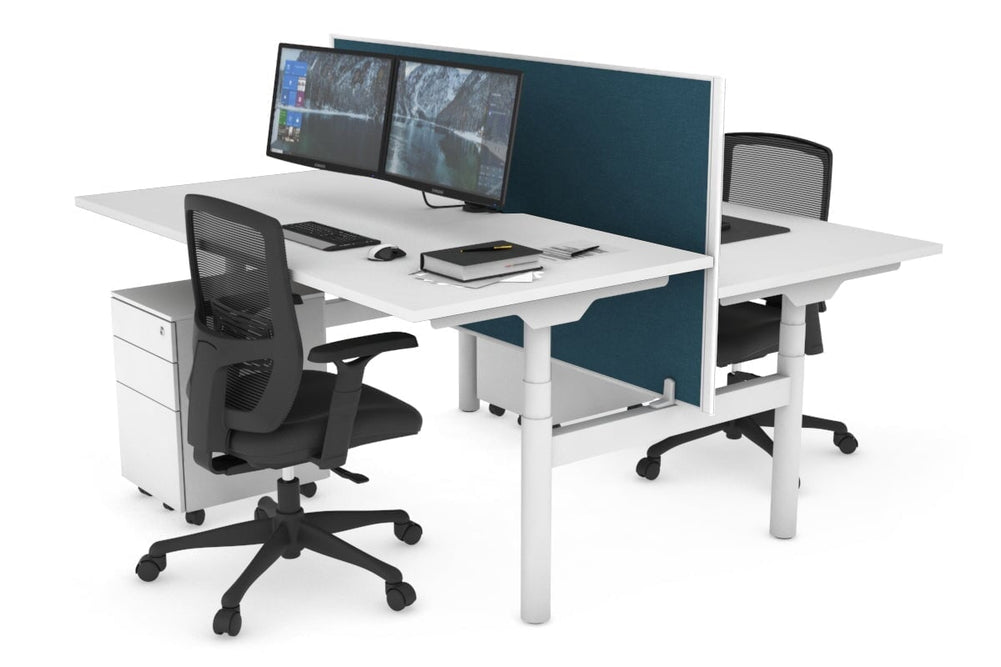 Flexi Premium Height Adjustable 2 Person H-Bench Workstation - White Frame [1400L x 800W with Cable Scallop]-white deep blue (820H x 1400W) none