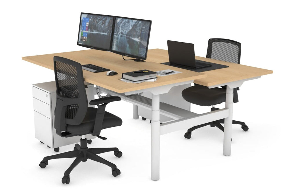 Flexi Premium Height Adjustable 2 Person H-Bench Workstation - White Frame [1400L x 800W with Cable Scallop]-maple none white cable tray