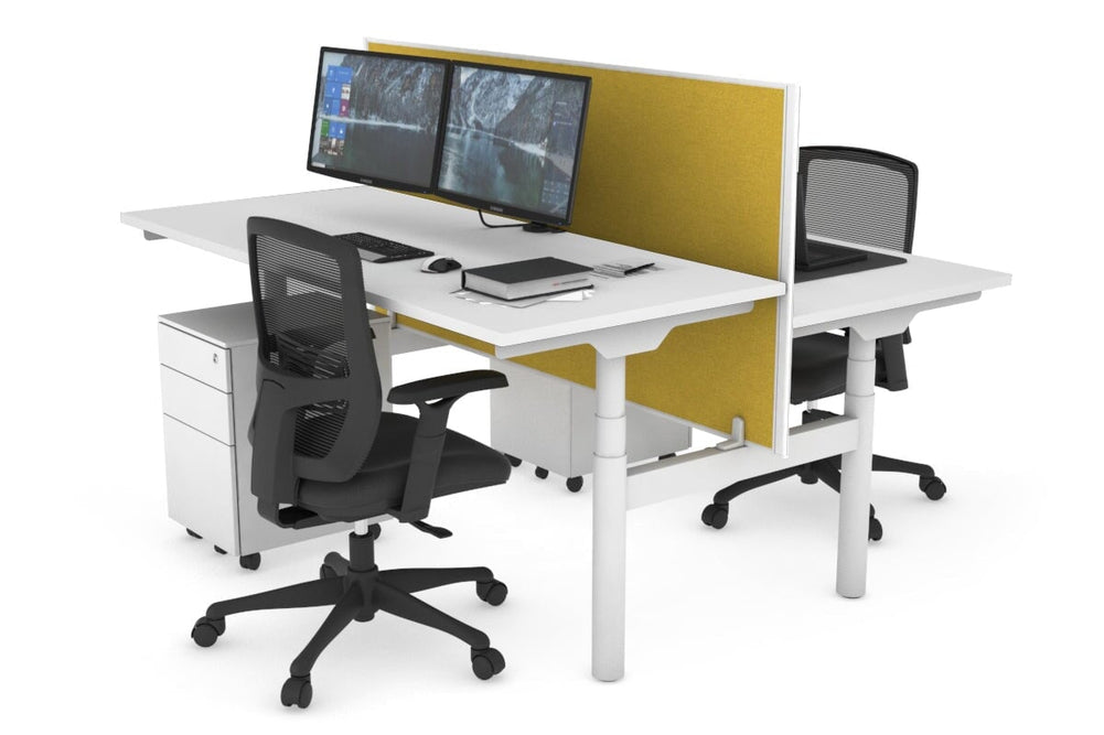 Flexi Premium Height Adjustable 2 Person H-Bench Workstation - White Frame [1600L x 700W]-white mustard yellow (820H x 1600W) none