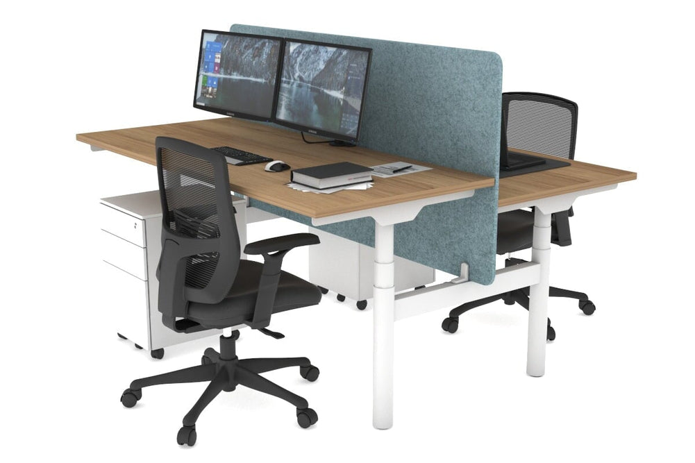 Flexi Premium Height Adjustable 2 Person H-Bench Workstation - White Frame [1600L x 700W]-salvage oak blue acoustic panel (820H x 1600W) none