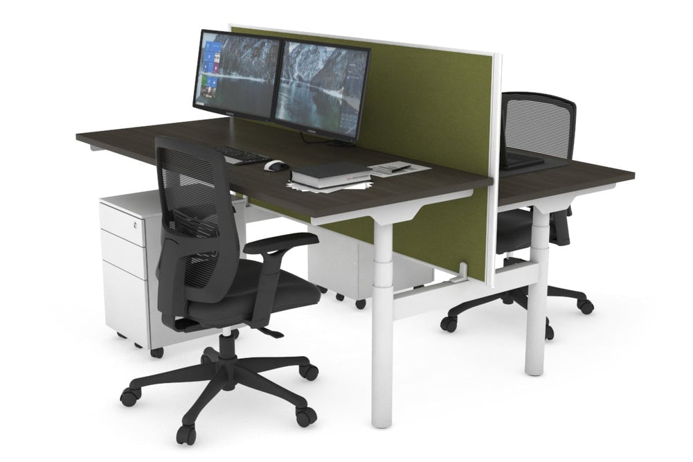 Flexi Premium Height Adjustable 2 Person H-Bench Workstation - White Frame [1600L x 700W]-dark oak green moss (820H x 1600W) none