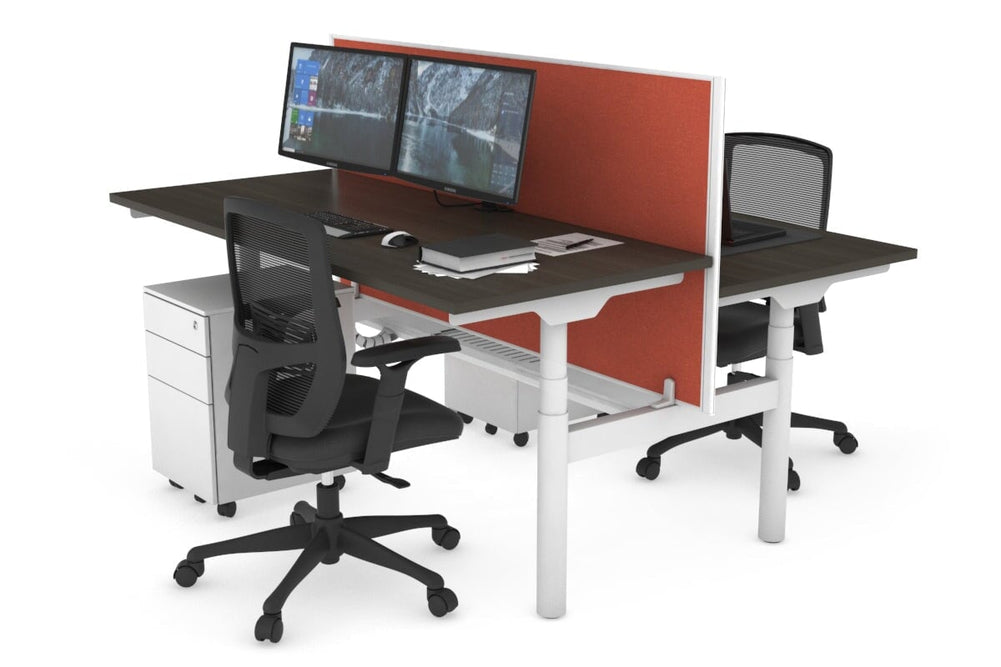 Flexi Premium Height Adjustable 2 Person H-Bench Workstation - White Frame [1600L x 700W]-dark oak orange squash (820H x 1600W) white cable tray