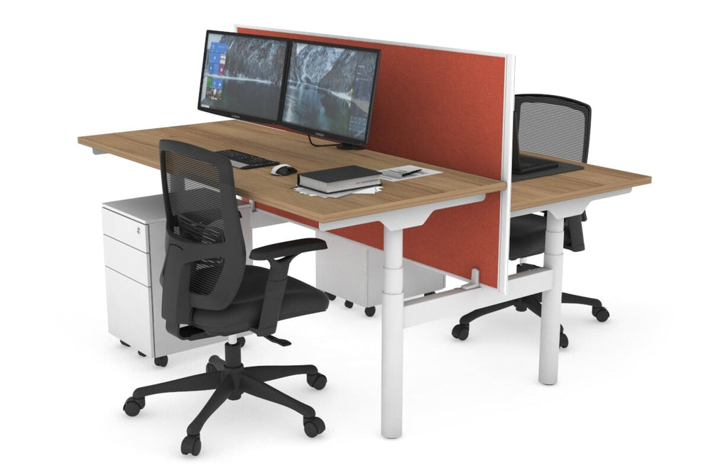 Flexi Premium Height Adjustable 2 Person H-Bench Workstation - White Frame [1600L x 700W]-salvage oak orange squash (820H x 1600W) none