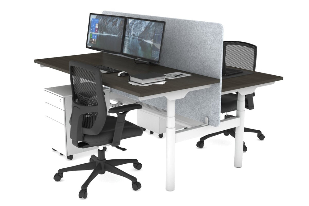 Flexi Premium Height Adjustable 2 Person H-Bench Workstation - White Frame [1600L x 700W]-dark oak light grey acoustic panel (820H x 1600W) white cable tray