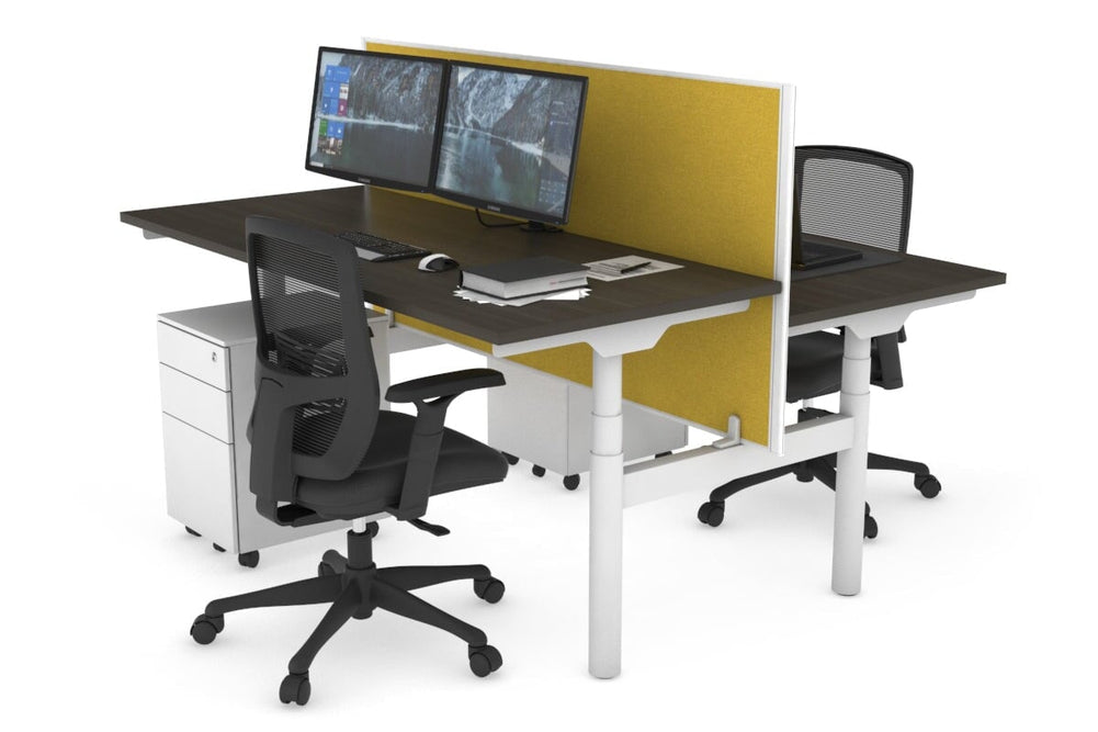 Flexi Premium Height Adjustable 2 Person H-Bench Workstation - White Frame [1600L x 700W]-dark oak mustard yellow (820H x 1600W) none