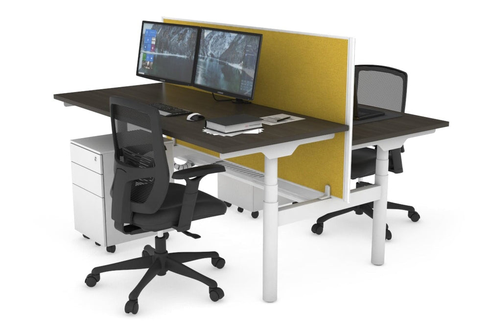 Flexi Premium Height Adjustable 2 Person H-Bench Workstation - White Frame [1600L x 700W]-dark oak mustard yellow (820H x 1600W) white cable tray