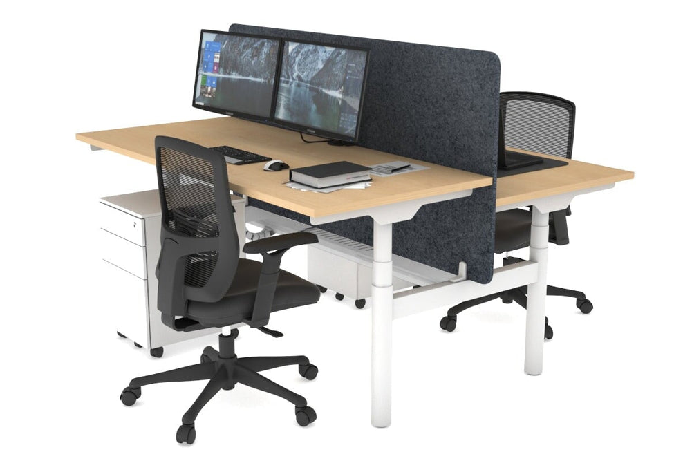 Flexi Premium Height Adjustable 2 Person H-Bench Workstation - White Frame [1600L x 700W]-maple dark grey acoustic panel (820H x 1600W) white cable tray