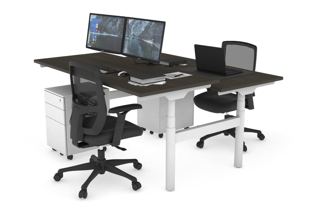 Flexi Premium Height Adjustable 2 Person H-Bench Workstation - White Frame [1600L x 700W]-dark oak none none