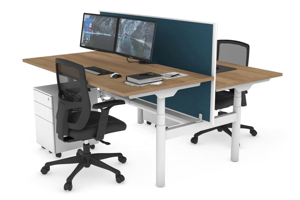 Flexi Premium Height Adjustable 2 Person H-Bench Workstation - White Frame [1600L x 800W with Cable Scallop]-salvage oak deep blue (820H x 1600W) white cable tray
