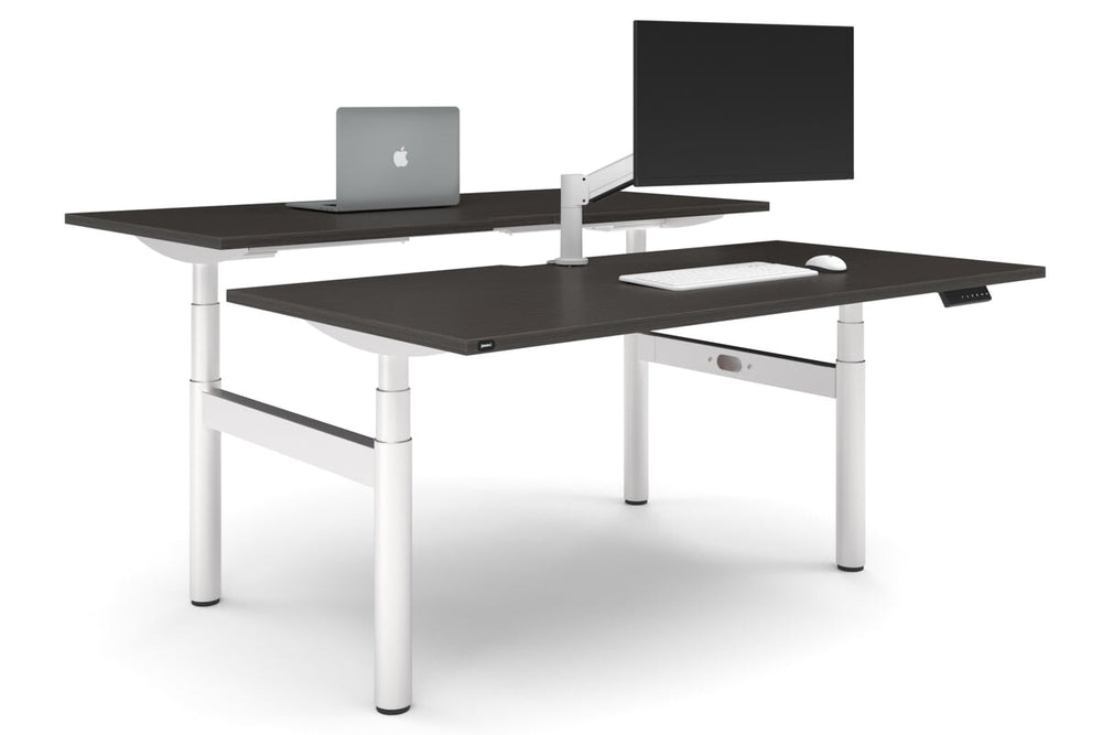 Flexi Premium Height Adjustable 2 Person H-Bench Workstation - White Frame [1600L x 800W with Cable Scallop]-dark oak none none
