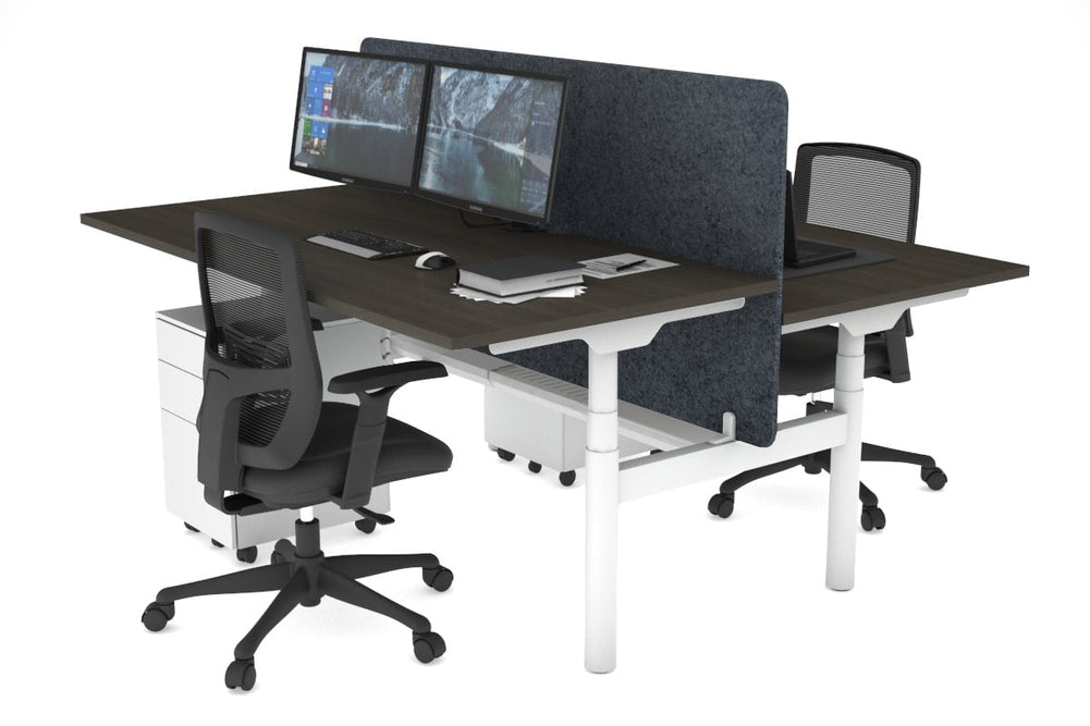 Flexi Premium Height Adjustable 2 Person H-Bench Workstation - White Frame [1600L x 800W with Cable Scallop]-dark oak dark grey acoustic panel (820H x 1600W) white cable tray