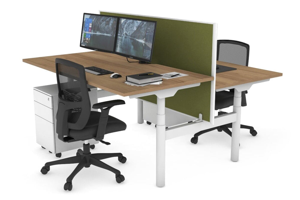 Flexi Premium Height Adjustable 2 Person H-Bench Workstation - White Frame [1600L x 800W with Cable Scallop]-salvage oak green moss (820H x 1600W) none
