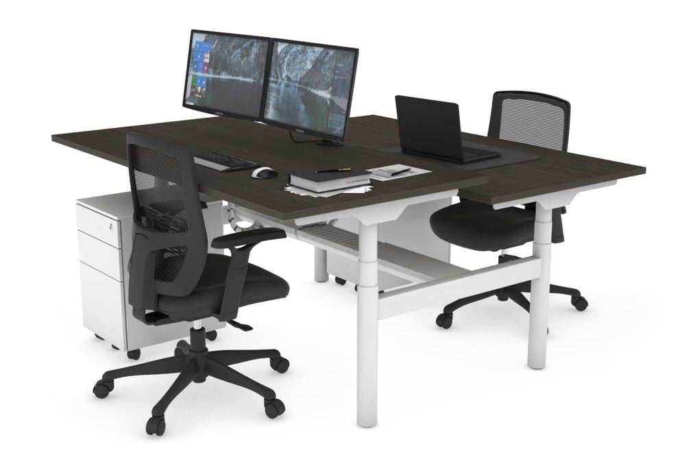 Flexi Premium Height Adjustable 2 Person H-Bench Workstation - White Frame [1600L x 800W with Cable Scallop]-dark oak none white cable tray