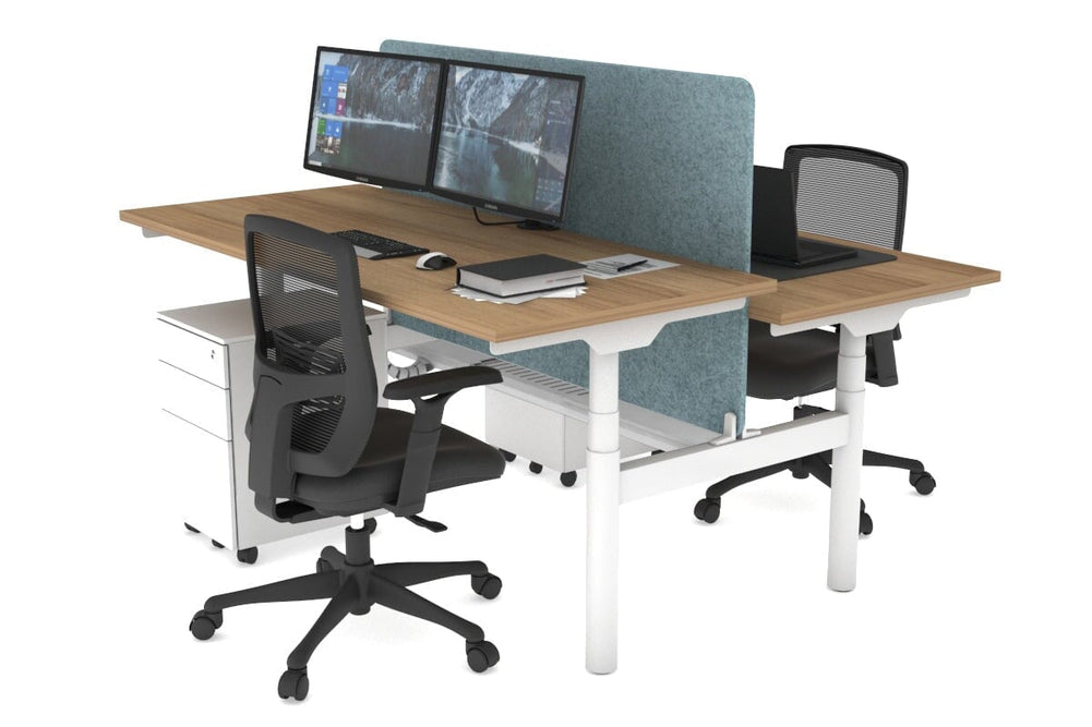 Flexi Premium Height Adjustable 2 Person H-Bench Workstation - White Frame [1800L x 700W]-salvage oak blue acoustic panel (820H x 1600W) white cable tray