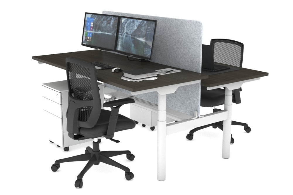 Flexi Premium Height Adjustable 2 Person H-Bench Workstation - White Frame [1800L x 700W]-dark oak light grey acoustic panel (820H x 1600W) white cable tray